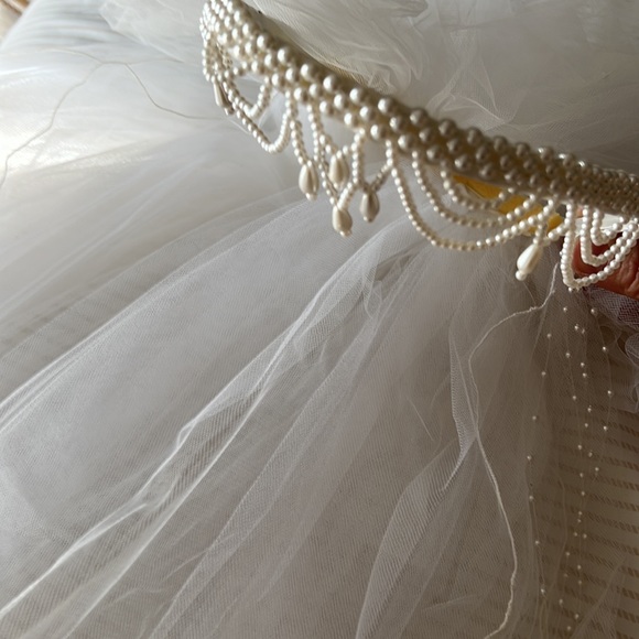 Custom Dresses & Skirts - Elegant custom bridal veil 40” length pearl tiara headband flower bustle formal